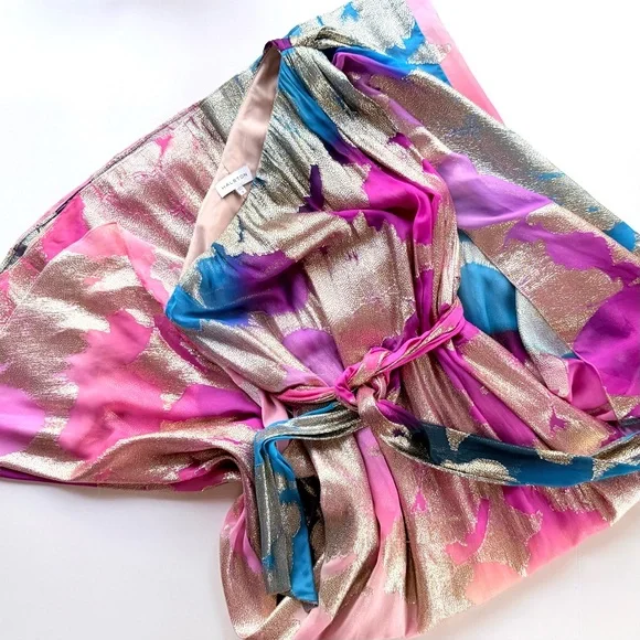 Halston Nisa Gown Printed Fil Coupe Fuschia Turquoise Gold One-Shoulder Dress 4 - Picture 10 of 16